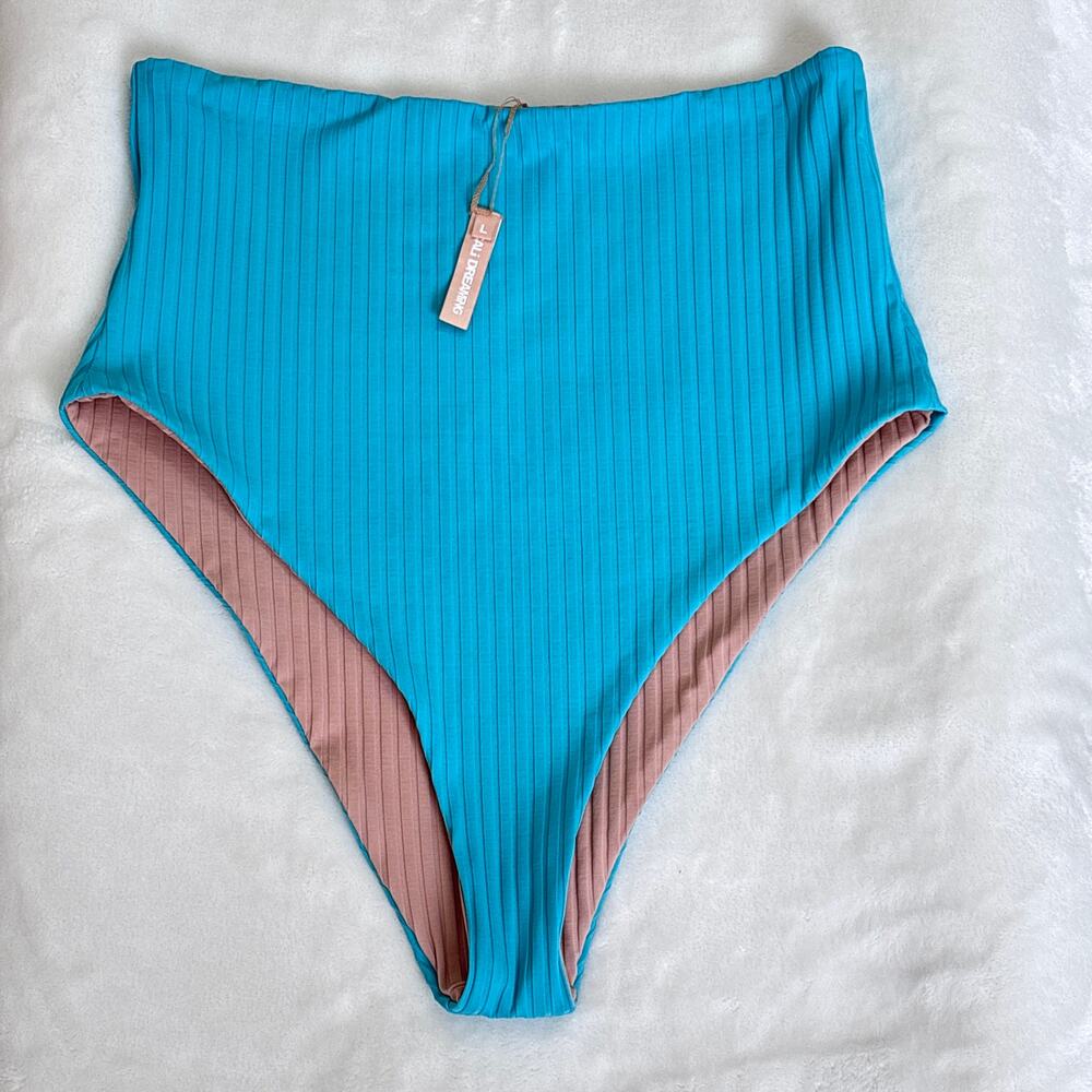Cali Dreaming NWT Turquoise Ribbed High Cut bottom Minimalist Swimwear Size L